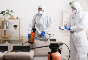 Pest control technician conducting a follow-up inspection to monitor pest activity