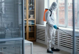 Pest control professional applying treatment to eliminate pests from a home