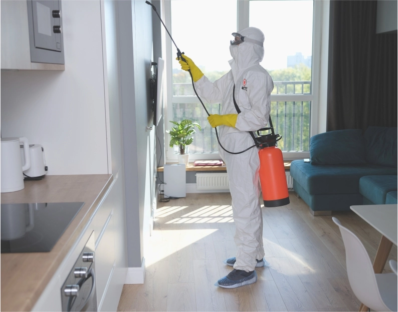 Professional residential pest control technician treating a home in Bradford