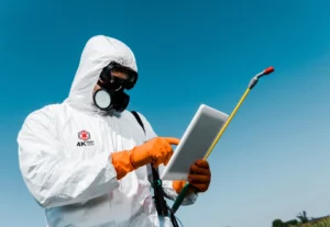 Commercial property pest inspection being conducted by a certified technician